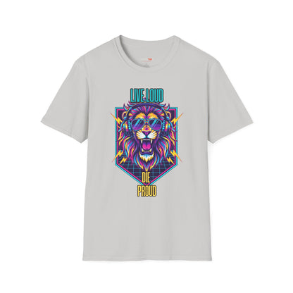 Vibrant Lion Graphic Tee | Unisex Softstyle T-Shirt with 'Live Loud Die Proud' Design, Casual Wear, Gift for Music Lovers.
