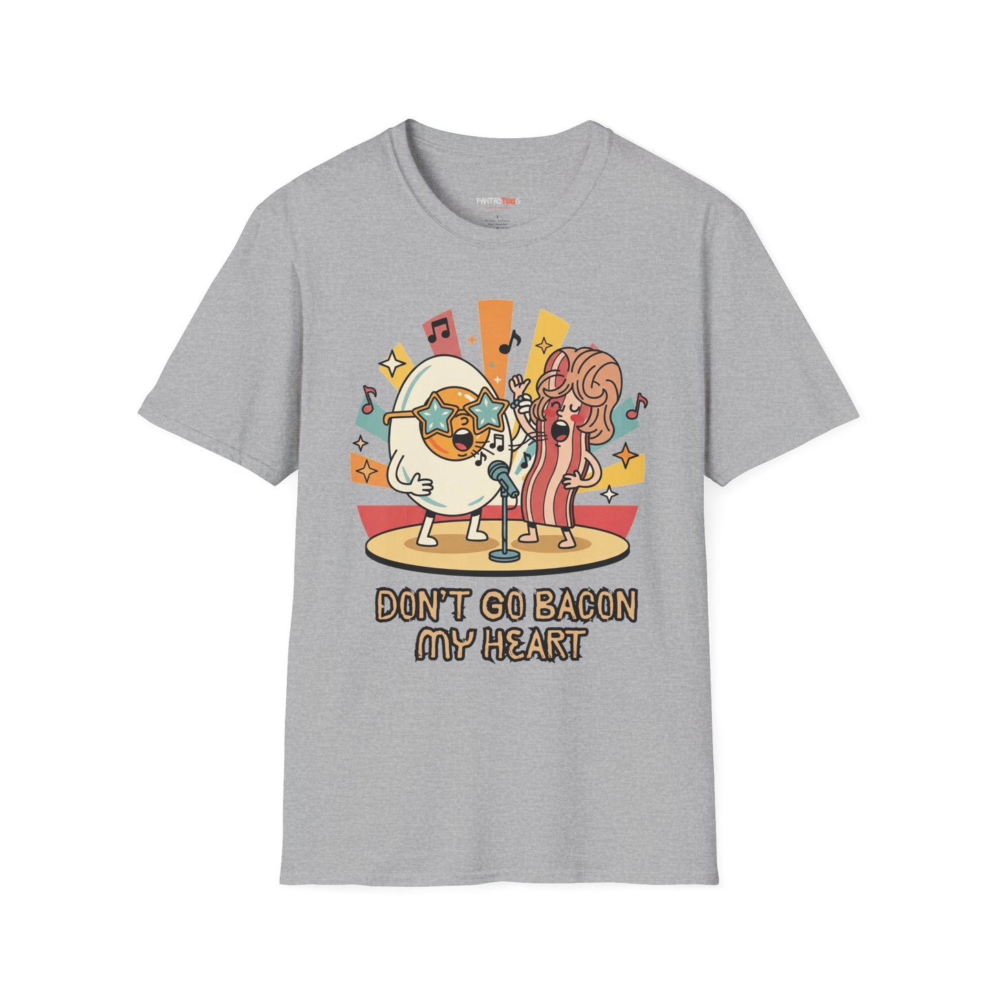 Retro Fun Unisex Softstyle T-Shirt - 'Don't Go Bacon My Heart' Design - Perfect for Food Lovers, Music Enthusiasts, and Gift Giving