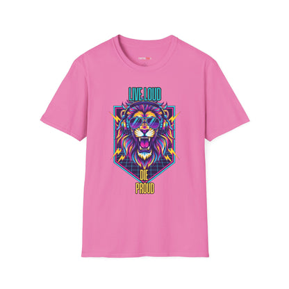 Vibrant Lion Graphic Tee | Unisex Softstyle T-Shirt with 'Live Loud Die Proud' Design, Casual Wear, Gift for Music Lovers.