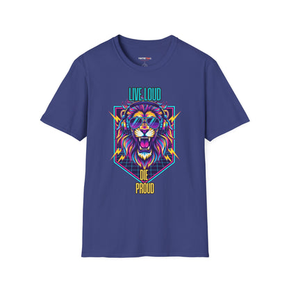 Vibrant Lion Graphic Tee | Unisex Softstyle T-Shirt with 'Live Loud Die Proud' Design, Casual Wear, Gift for Music Lovers.
