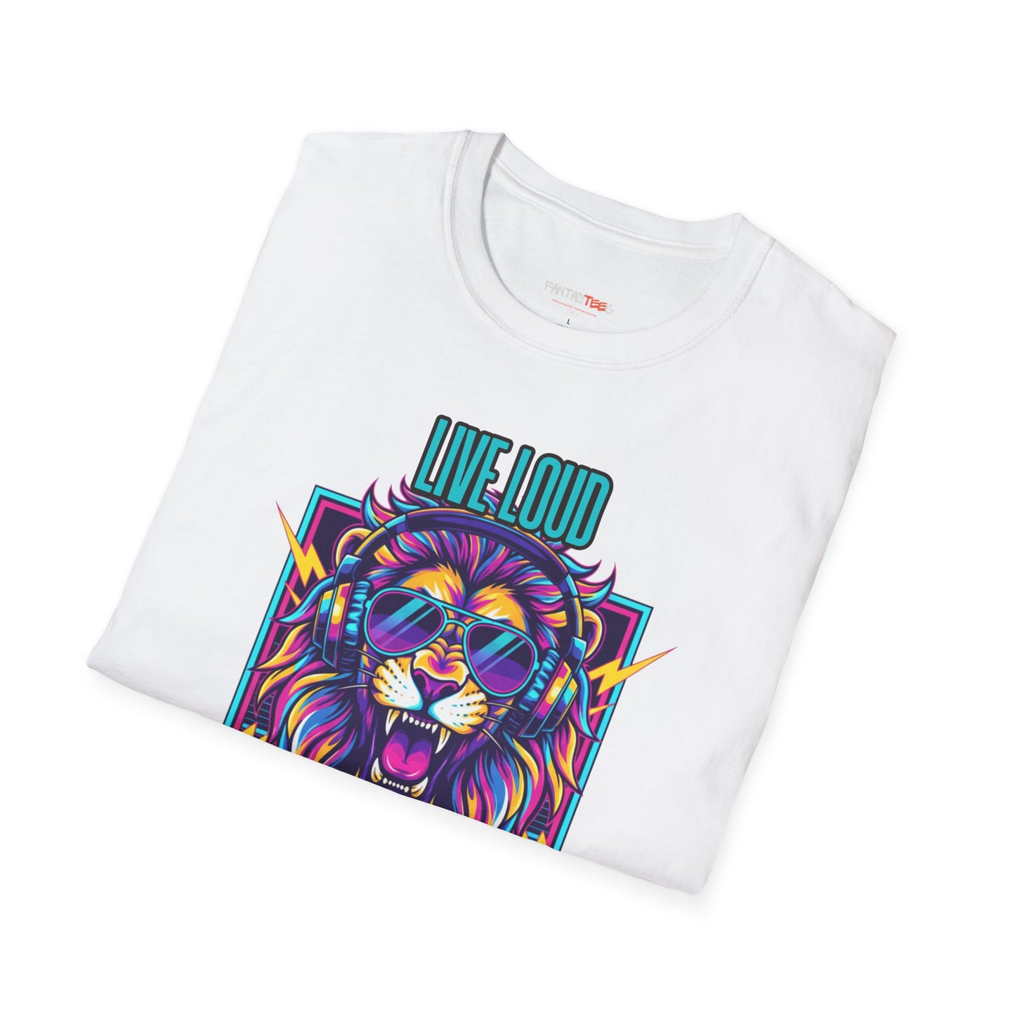 Vibrant Lion Graphic Tee | Unisex Softstyle T-Shirt with 'Live Loud Die Proud' Design, Casual Wear, Gift for Music Lovers.