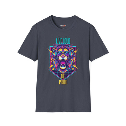 Vibrant Lion Graphic Tee | Unisex Softstyle T-Shirt with 'Live Loud Die Proud' Design, Casual Wear, Gift for Music Lovers.
