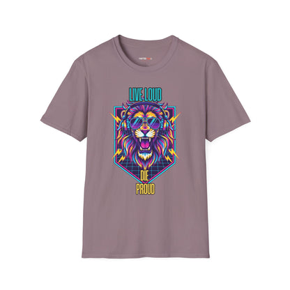 Vibrant Lion Graphic Tee | Unisex Softstyle T-Shirt with 'Live Loud Die Proud' Design, Casual Wear, Gift for Music Lovers.