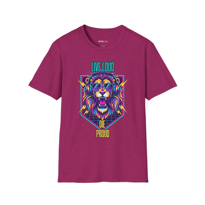 Vibrant Lion Graphic Tee | Unisex Softstyle T-Shirt with 'Live Loud Die Proud' Design, Casual Wear, Gift for Music Lovers.