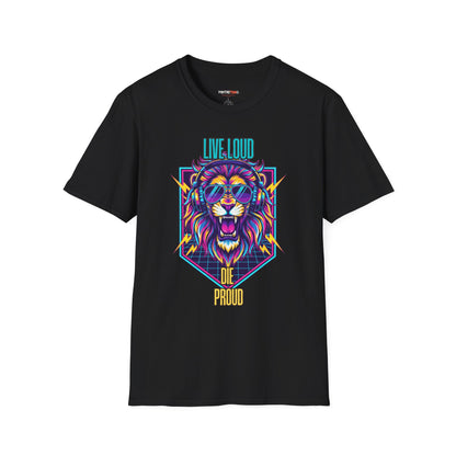 Vibrant Lion Graphic Tee | Unisex Softstyle T-Shirt with 'Live Loud Die Proud' Design, Casual Wear, Gift for Music Lovers.