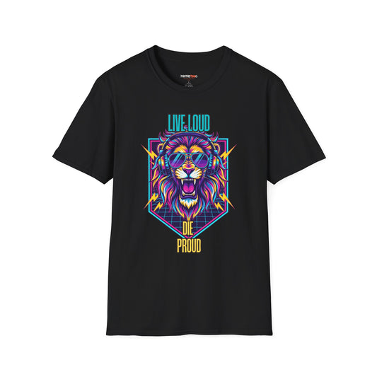 Vibrant Lion Graphic Tee | Unisex Softstyle T-Shirt with 'Live Loud Die Proud' Design, Casual Wear, Gift for Music Lovers.