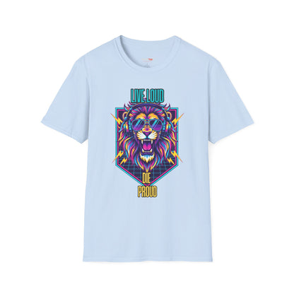 Vibrant Lion Graphic Tee | Unisex Softstyle T-Shirt with 'Live Loud Die Proud' Design, Casual Wear, Gift for Music Lovers.