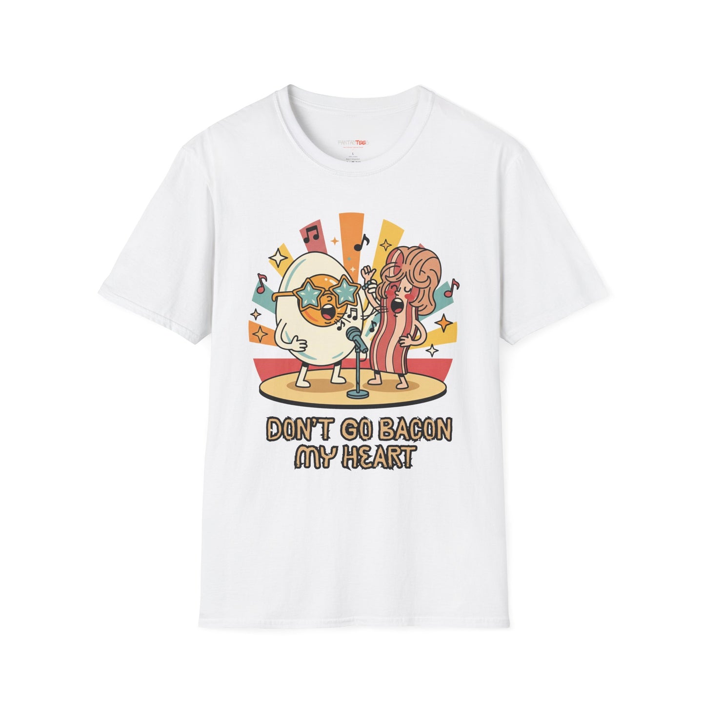 Retro Fun Unisex Softstyle T-Shirt - 'Don't Go Bacon My Heart' Design - Perfect for Food Lovers, Music Enthusiasts, and Gift Giving