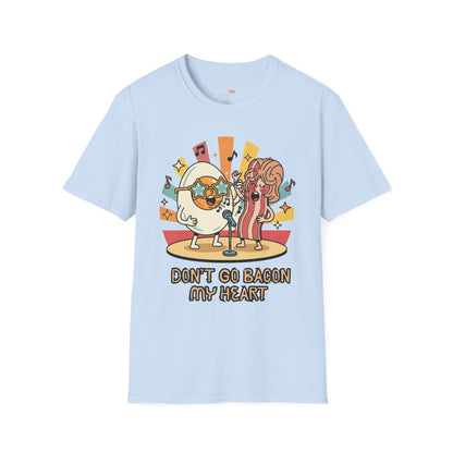 Retro Fun Unisex Softstyle T-Shirt - 'Don't Go Bacon My Heart' Design - Perfect for Food Lovers, Music Enthusiasts, and Gift Giving
