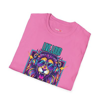 Vibrant Lion Graphic Tee | Unisex Softstyle T-Shirt with 'Live Loud Die Proud' Design, Casual Wear, Gift for Music Lovers.