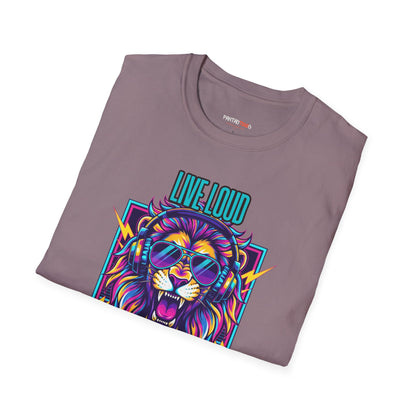 Vibrant Lion Graphic Tee | Unisex Softstyle T-Shirt with 'Live Loud Die Proud' Design, Casual Wear, Gift for Music Lovers.