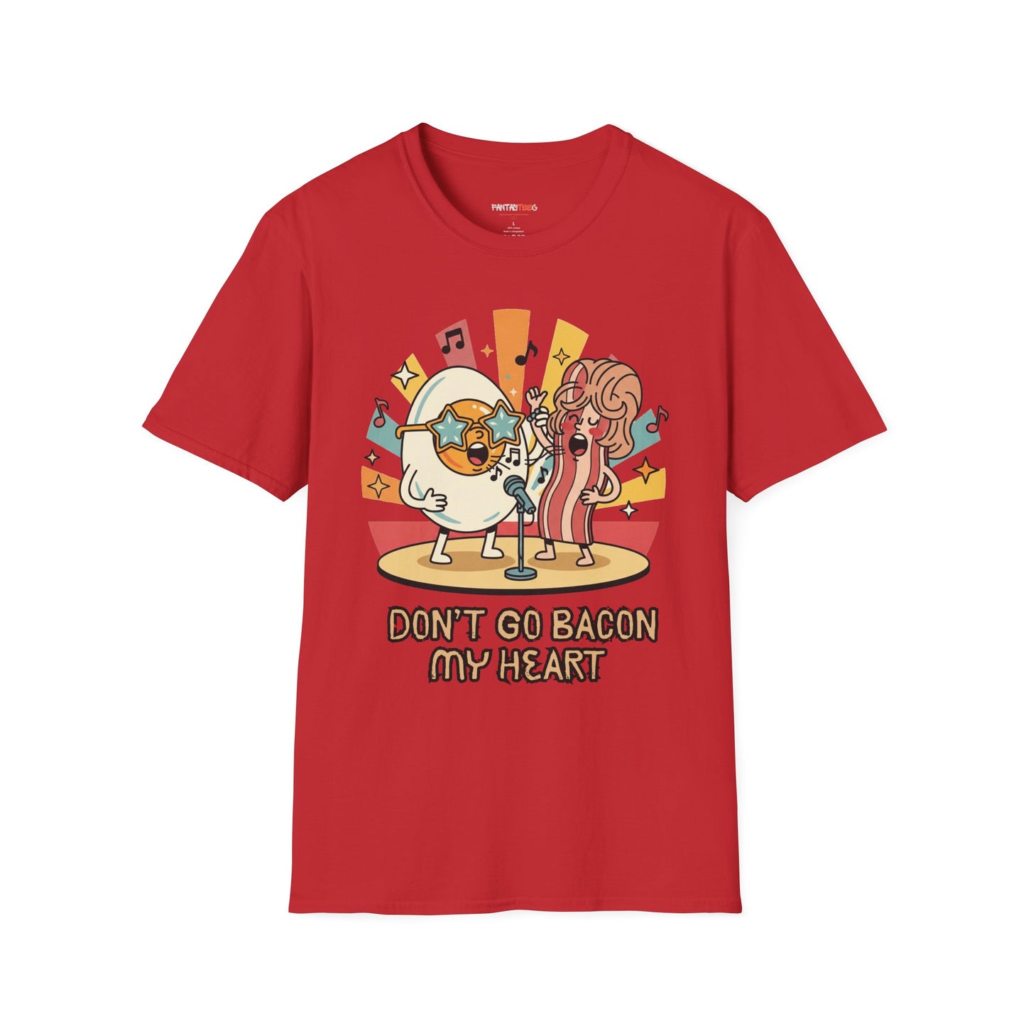 Retro Fun Unisex Softstyle T-Shirt - 'Don't Go Bacon My Heart' Design - Perfect for Food Lovers, Music Enthusiasts, and Gift Giving