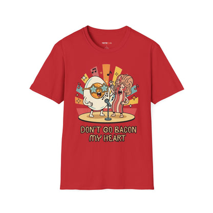 Retro Fun Unisex Softstyle T-Shirt - 'Don't Go Bacon My Heart' Design - Perfect for Food Lovers, Music Enthusiasts, and Gift Giving